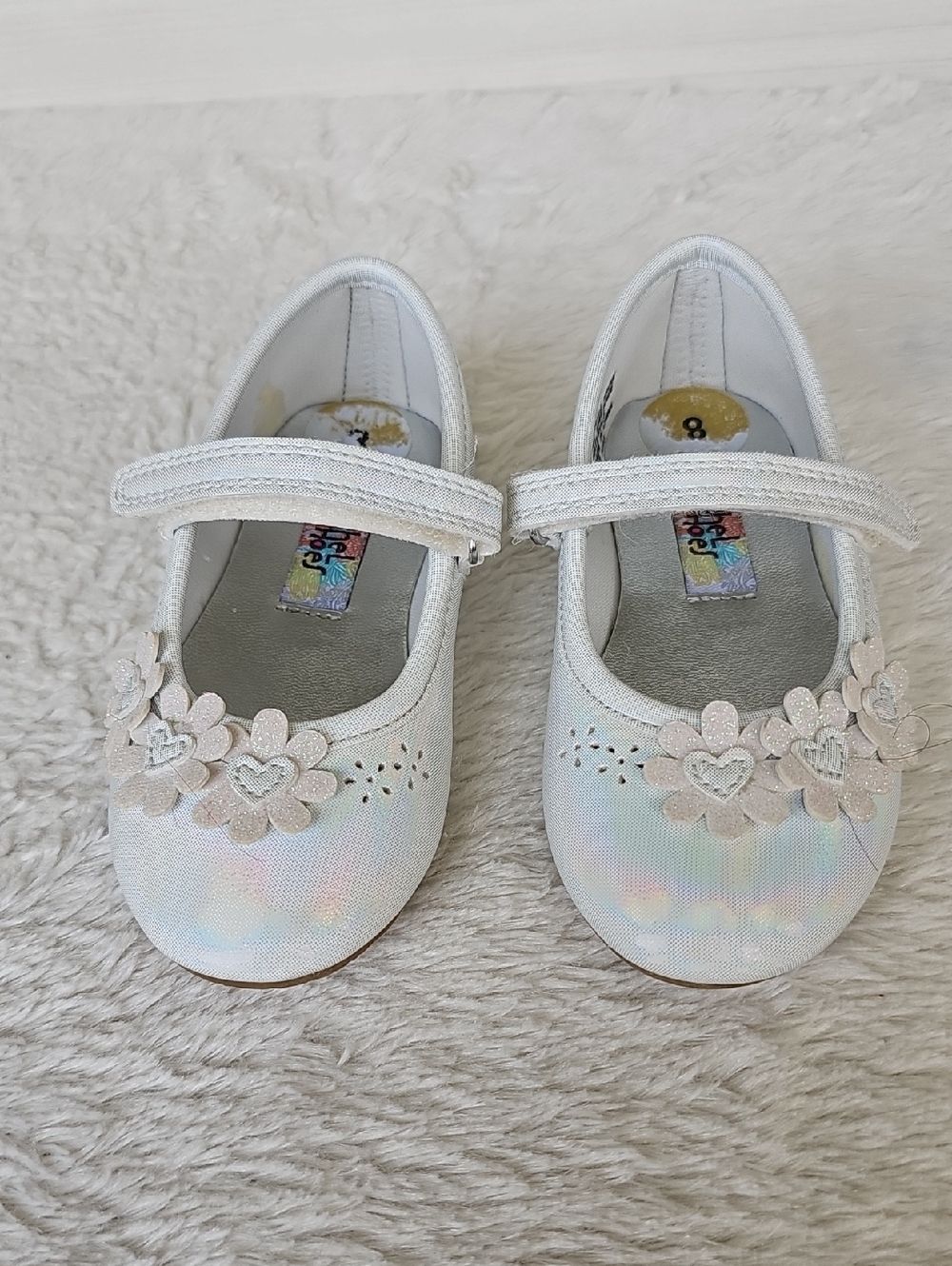 Rachel Shoes White Iridescent Toddler Mary Jane Floral Strap Dress Shoes